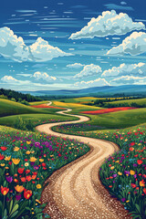 A flat vector style of a traveler spot featuring a winding gravel road leading through vast rolling fields, with a bright blue sky overhead.