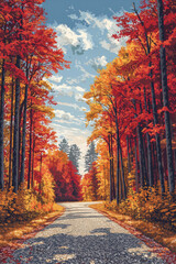 Fototapeta premium A flat vector style scene of a traveler spot showcasing a gravel road winding through a dense autumn forest.