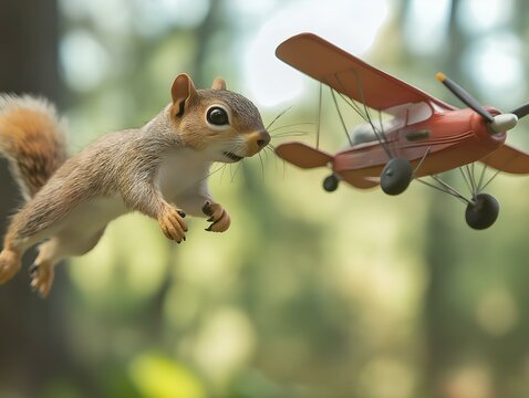 squirrel perched on miniature airplane multiple airplanes blurred background
