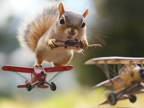 squirrel sitting on miniature airplane multiple airplanes surrounding it