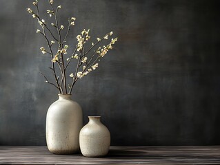 Contemporary Home Decor with Minimalist Vases on a Matte Black Wall, Wooden Flooring, and Natural Light, Perfect for Modern Interior Design Themes