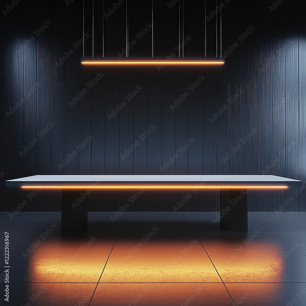 Poster an empty modern table lit by neon light.