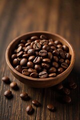 Fototapeta premium Fresh roasted coffee beans in a shallow wooden basket on a rustic background, coffee, wood, basket