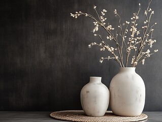 Contemporary Home Decor with Minimalist Vases on a Matte Black Wall, Wooden Flooring, and Natural Light, Perfect for Modern Interior Design Themes