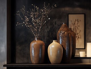 Contemporary Home Decor with Minimalist Vases on a Matte Black Wall, Wooden Flooring, and Natural Light, Perfect for Modern Interior Design Themes