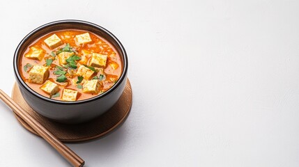 Tasty Spicy Tofu Soup with Fresh Herbs in a Black Bowl on Table