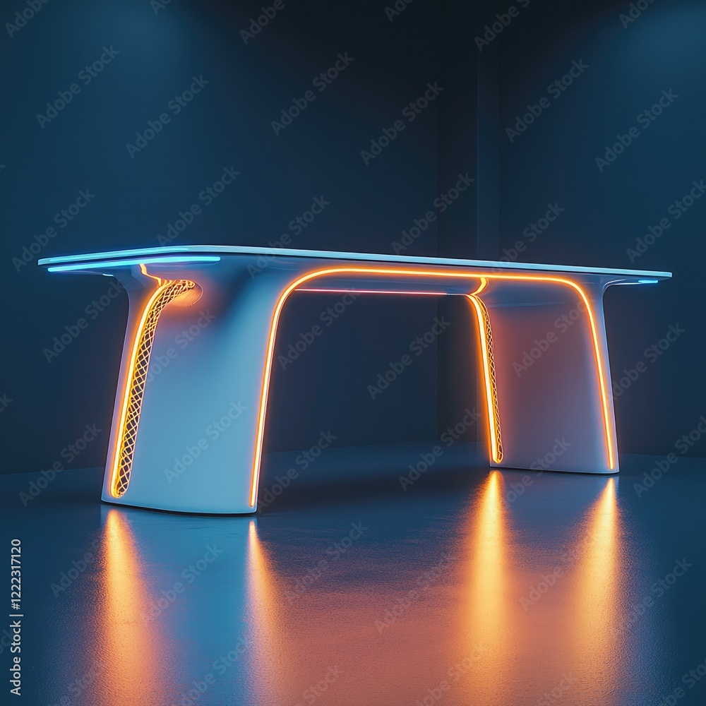 Poster an empty modern table lit by neon light.