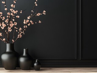Contemporary Home Decor with Minimalist Vases on a Matte Black Wall, Wooden Flooring, and Natural Light, Perfect for Modern Interior Design Themes