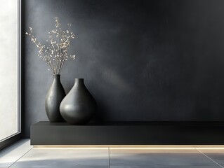 Contemporary Home Decor with Minimalist Vases on a Matte Black Wall, Wooden Flooring, and Natural Light, Perfect for Modern Interior Design Themes