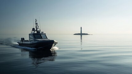 Fototapeta premium modern patrol boat cruising along the coastline, equipped with surveillance radars, with a distant lighthouse and calm waters reflecting a clear sky, 16:9