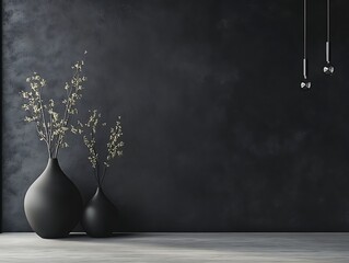 Contemporary Home Decor with Minimalist Vases on a Matte Black Wall, Wooden Flooring, and Natural Light, Perfect for Modern Interior Design Themes