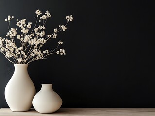 Contemporary Home Decor with Minimalist Vases on a Matte Black Wall, Wooden Flooring, and Natural Light, Perfect for Modern Interior Design Themes