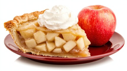 Delicious slice of homemade apple pie with whipped cream and fresh red apple on a plate