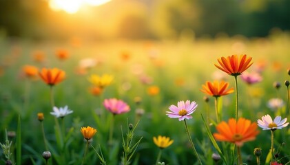 Softly focused wildflowers in a serene meadow at dawn, calm, landscape