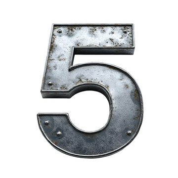 Top view of a 3D number 5 made of steel metal isolated on a white transparent background