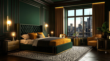 luxurious green and gold bedroom with city view and modern furniture