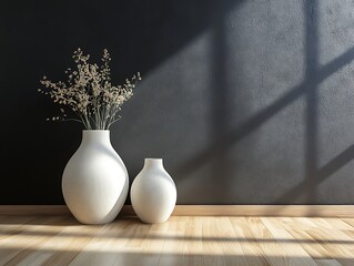 Contemporary Home Decor with Minimalist Vases on a Matte Black Wall, Wooden Flooring, and Natural Light, Perfect for Modern Interior Design Themes