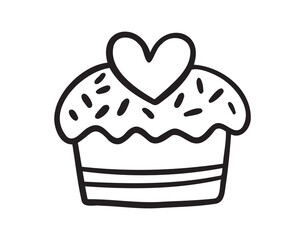 cute muffin with heart for Valentines Day doodle hand drawn icon. Outline drawing cute muffin with heart for Valentines Day line clipart symbol