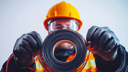 An electrician holds a roll of electric cable ready to begin an installation job.  AI generative