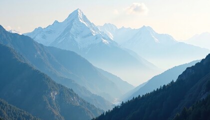 White mountain peaks shrouded in mist and fog, serene, landscape