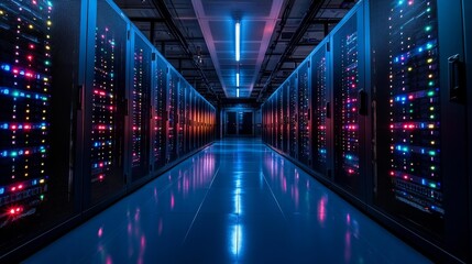 Fototapeta premium Futuristic data center with illuminated LED technology. Generative AI