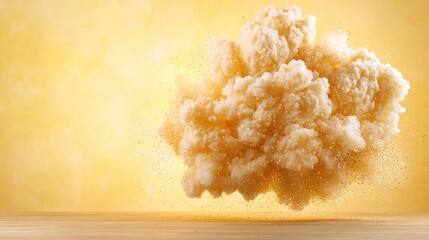 Abstract yellow cloud explosion on wood, studio shot, background blur, food or drink advertising