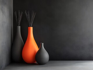 Contemporary Home Decor with Minimalist Vases on a Matte Black Wall, Wooden Flooring, and Natural Light, Perfect for Modern Interior Design Themes
