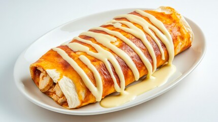 Delicious Enchilada Wrapped in Tortilla with Creamy Sauce Drizzle