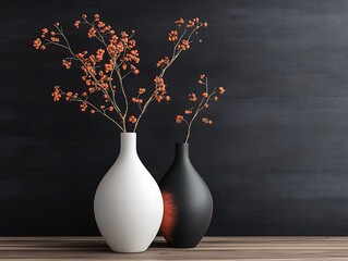 Contemporary Home Decor with Minimalist Vases on a Matte Black Wall, Wooden Flooring, and Natural Light, Perfect for Modern Interior Design Themes