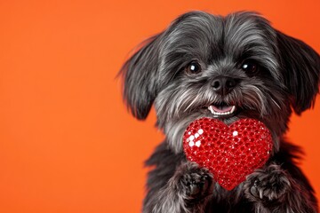 Lhasa apso - my treasured dog. Cute lhasa apso dog with sparkling rhinestones red heart - sign of love, funny greeting card. Digital ads conceptual art. Pet valentine card designs. Puppy love.