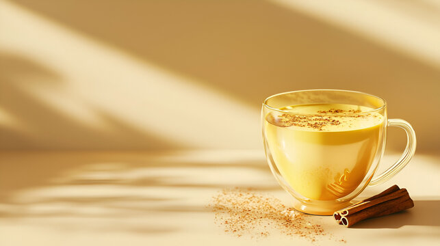 Golden latte in a double-walled glass mug, sprinkled with cinnamon, sits on a beige surface. Warm sunlight streams across the scene.