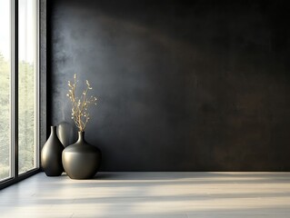 Contemporary Home Decor with Minimalist Vases on a Matte Black Wall, Wooden Flooring, and Natural Light, Perfect for Modern Interior Design Themes