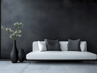 Contemporary Home Decor with Minimalist Vases on a Matte Black Wall, Wooden Flooring, and Natural Light, Perfect for Modern Interior Design Themes