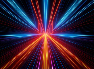Vibrant, radiating neon lines converge at a central point, creating a dynamic, futuristic tunnel effect.  The colors are intensely saturated, suggesting speed and energy.