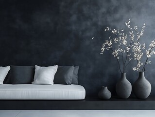 Contemporary Home Decor with Minimalist Vases on a Matte Black Wall, Wooden Flooring, and Natural Light, Perfect for Modern Interior Design Themes