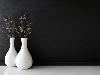 Contemporary Home Decor with Minimalist Vases on a Matte Black Wall, Wooden Flooring, and Natural Light, Perfect for Modern Interior Design Themes