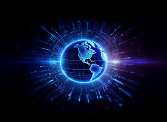 Obraz premium A glowing blue digital globe is encircled by radiating lines of data, suggesting global connectivity and technological advancement. The image evokes a sense of futuristic communication and worldwide 