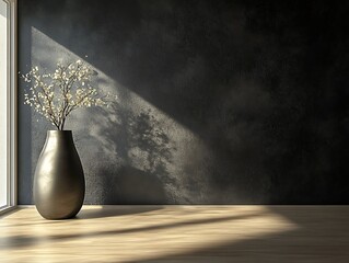 Contemporary Home Decor with Minimalist Vases on a Matte Black Wall, Wooden Flooring, and Natural Light, Perfect for Modern Interior Design Themes