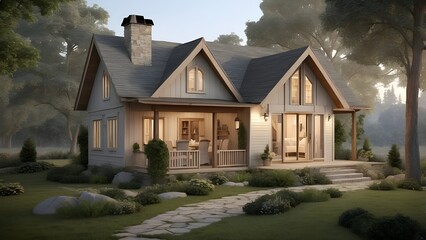 Modern Family Home – Stylish Brick Building with Roof, Windows, and Front Yard"