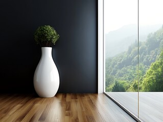 Contemporary Home Decor with Minimalist Vases on a Matte Black Wall, Wooden Flooring, and Natural Light, Perfect for Modern Interior Design Themes