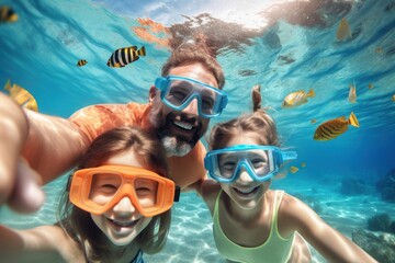Naklejka premium Happy family snorkeling underwater recreation.