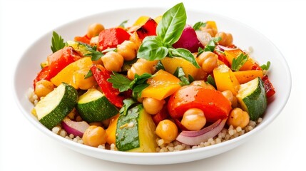 Colorful Vegetable Salad with Chickpeas and Fresh Herbs in Bowl