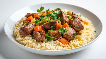 Fototapeta premium Savory Couscous with Tender Meat and Colorful Vegetables