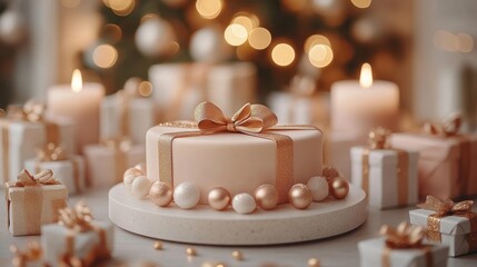 Warm and festive holiday gift setup with elegant gold wrapping. Generative AI