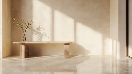 Fototapeta premium minimalist beige interior with wooden bench and flower arrangement