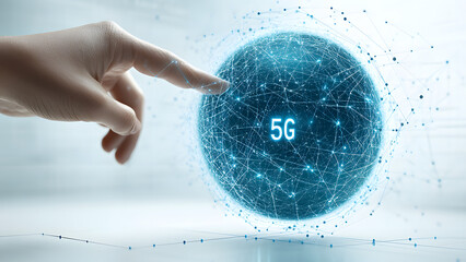 Hand touching a glowing 5G sphere  
