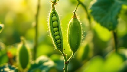 Green Pea Pods Growing On Branch Sunlight Backlit Lush Foliage