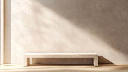 minimalist beige concrete bench against a light wall