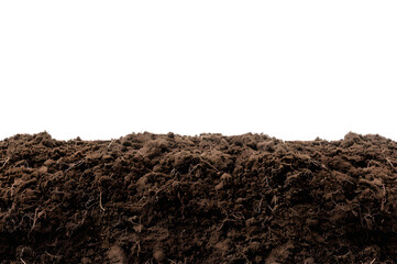 Fertile soil closeup, texture background. Black ground surface for gardening season. Soil isolated on white background