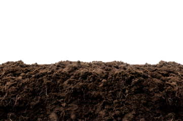 Fertile soil closeup, texture background. Black ground surface for gardening season. Soil isolated on white background